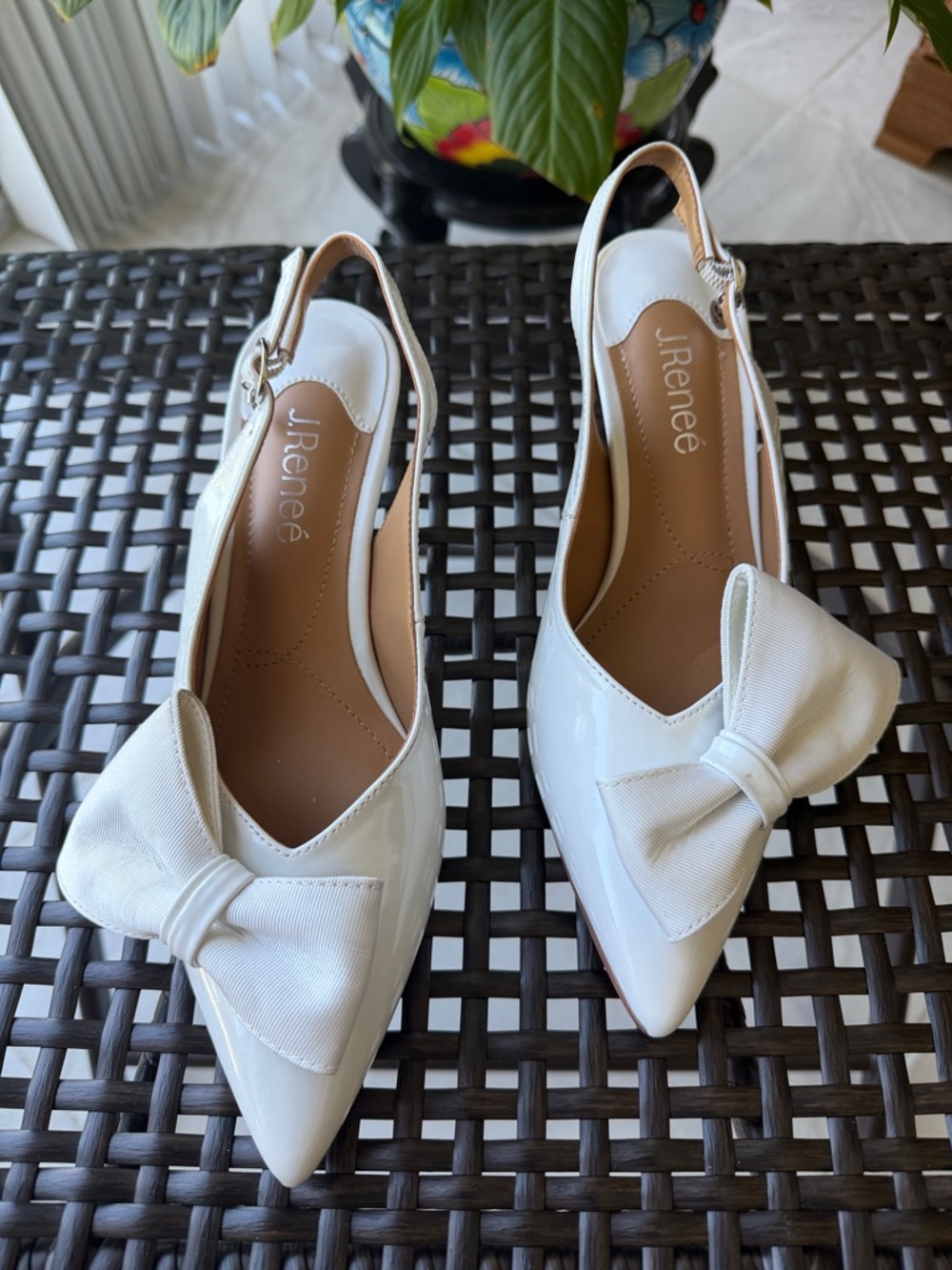 J.Renee White Pointed-Toe Slingback Flats with Bow